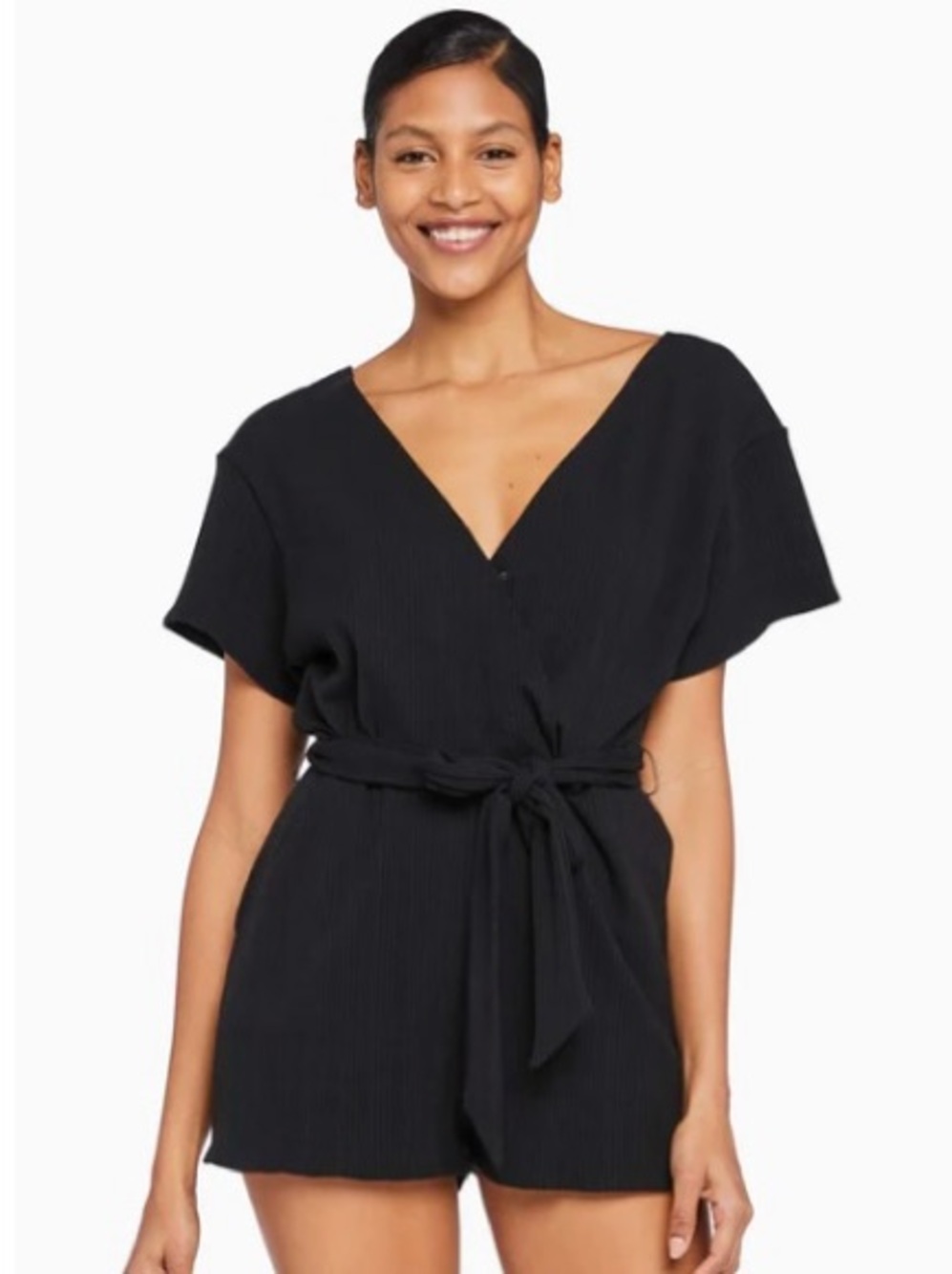 Vitamin A Black V-Neck Short Coverup Romper with Waist Tie